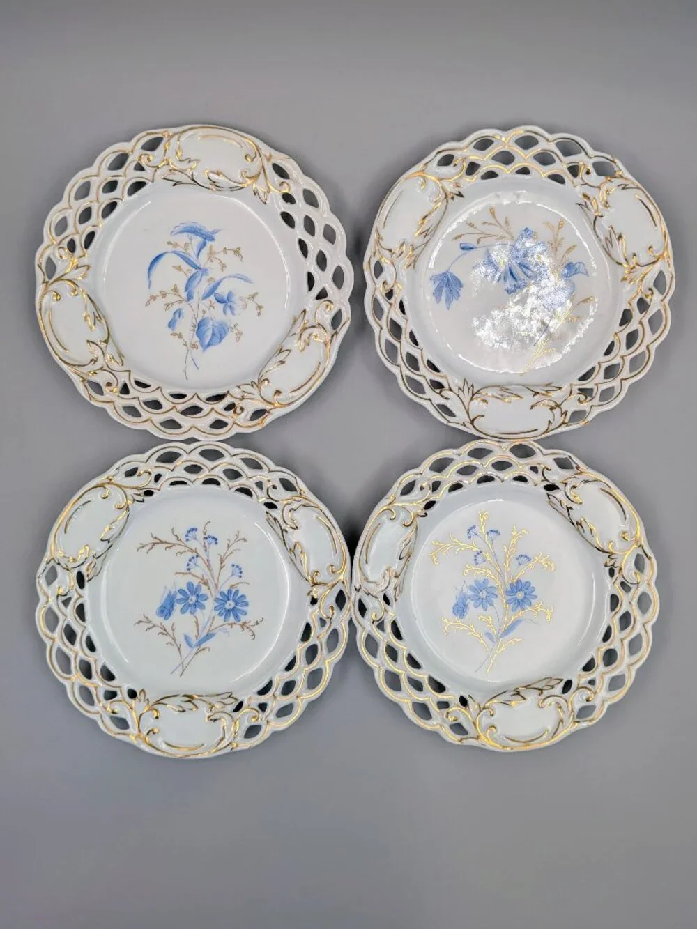 Set of 4 Antique Reticulated Porcelain Plates - Blue & White Floral with Hand Gi